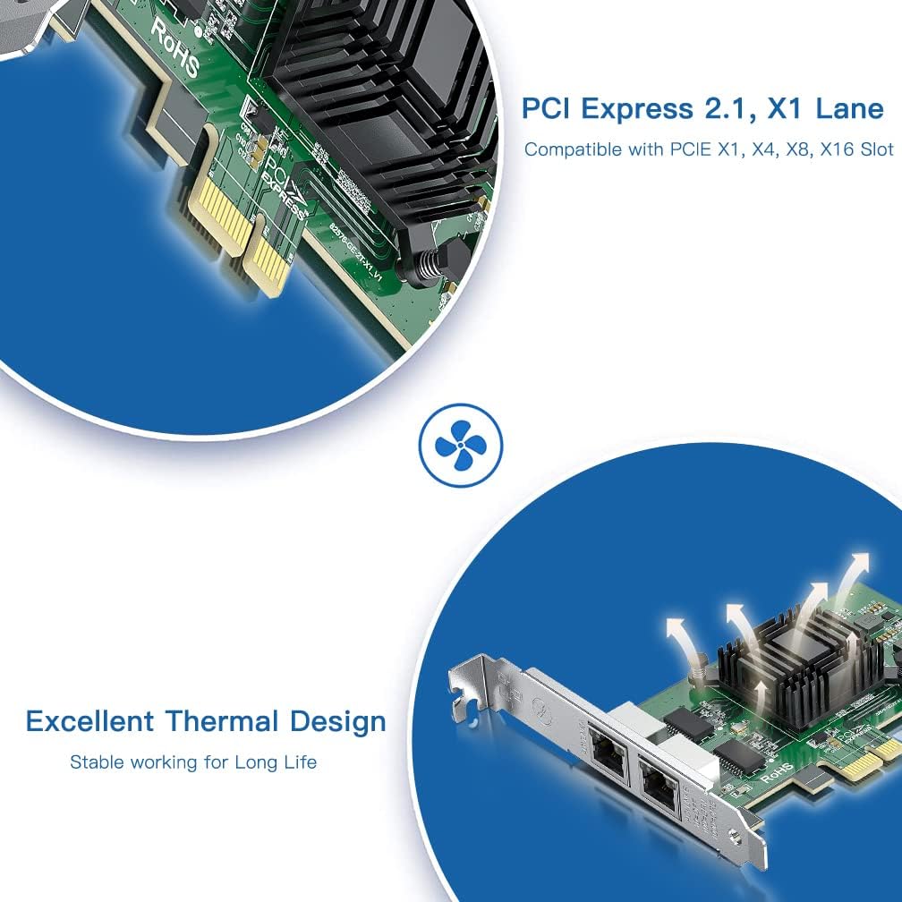 2 Pack Gigabit Dual NIC with Intel 82576 Chip, 1Gb Network Card Compare to Intel E1G42ET NIC, 2 RJ45 Ports, PCI Express 2.1 X1, Ethernet Card with Low Profile for Windows/Windows Server/Linux