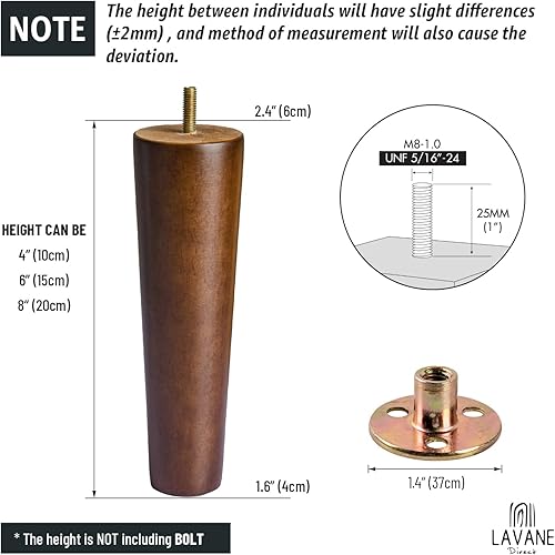 Miniatura 5 de Patas de madera para muebles de 4 pulgadas  3.9 in, juego de 4 patas de repuesto de muebles de madera maciza de nogal M8 con pernos preperforados de