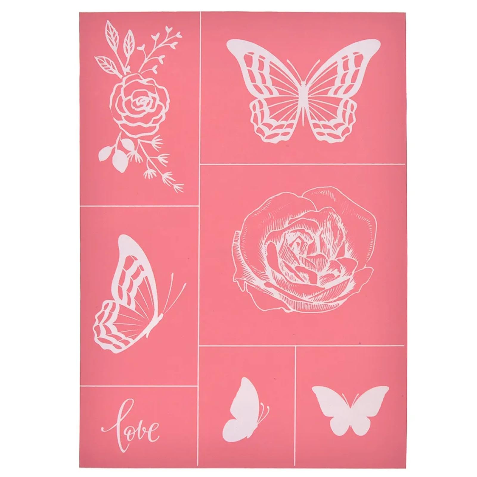 MANGOUSONG Screen Printing Kit,19.5x14cm Pink Butterfly Flower Silk Screen Stencils Reusable Silkscreen Print Kit for Printing Handbag Decoration Template ?Seal Tools