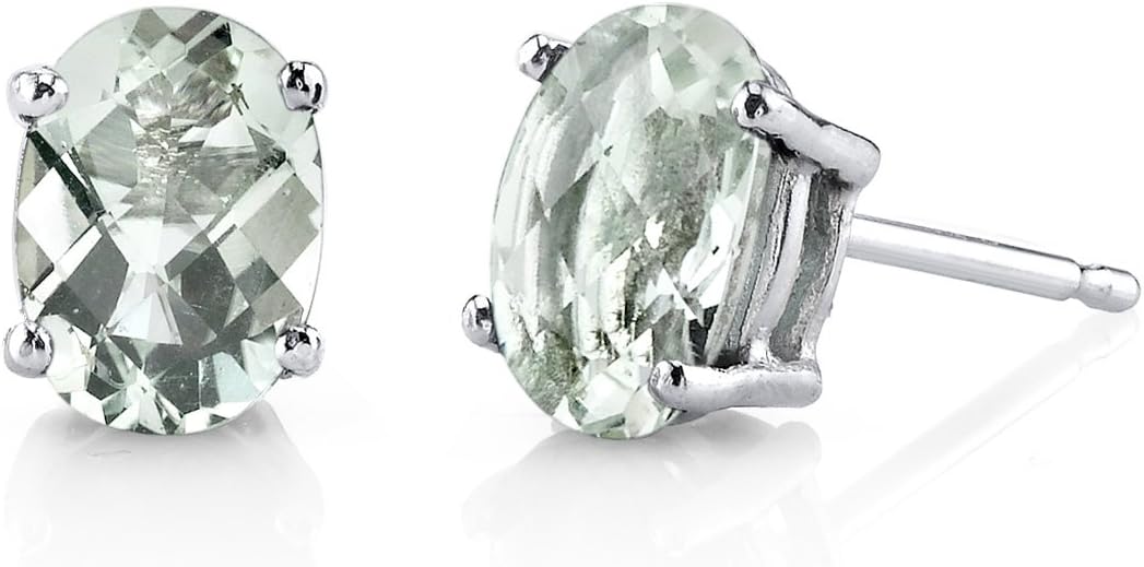 Peora Solid 14K White Gold Green Amethyst Stud Earrings for Women, Genuine Gemstone, Hypoallergenic 7x5mm Oval Shape, 1.50 Carats total, Friction Back, Fine Gold Jewelry,