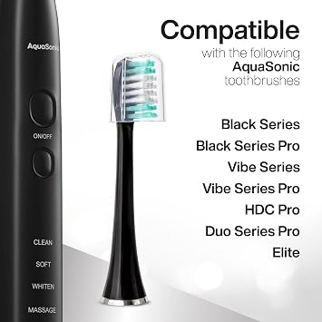 AquaSonic Genuine Standard Replacement Brush Heads | ADA Accepted | for Normal & Sensitive Teeth | Compatible with Many AquaSonic Toothbrush Handles (2 Pack Black)