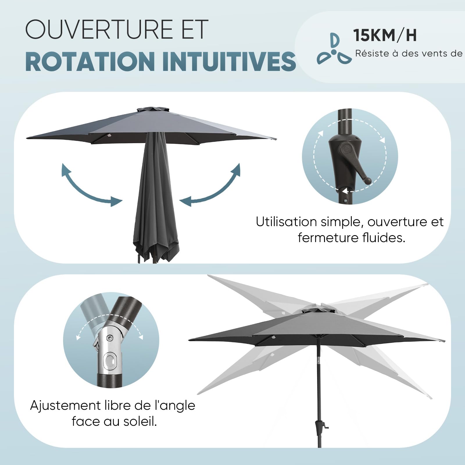 Sekey Parasol avec protection UV50+, imperméable, avec manivelle – Idéal pour le jardin, le balcon et la terrasse