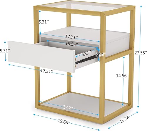 Miniatura 2 de Tribesigns Mesita de noche alta, mesa auxiliar moderna de estilo simple con cajón y estante, mesa de noche de vidrio templado, marco de metal, 19.6