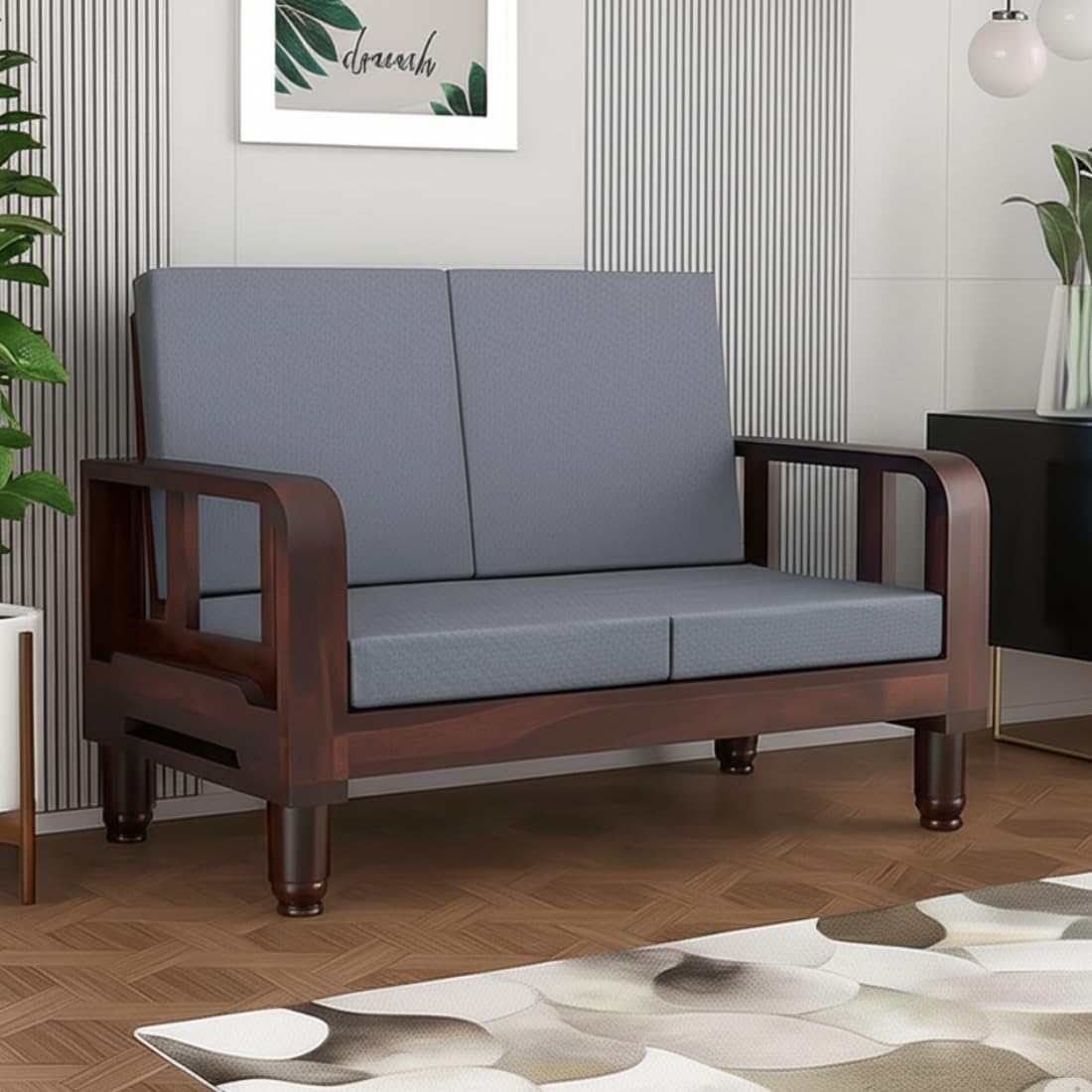 KENDALWOOD Solid Wood 2 Seater Wooden Sofa Set for Living Room Furniture | Sofa for Home & Office | 2 Seater Sofa | Color - Walnut Finish with Grey Cushions - DIY(Do-It-Yourself)