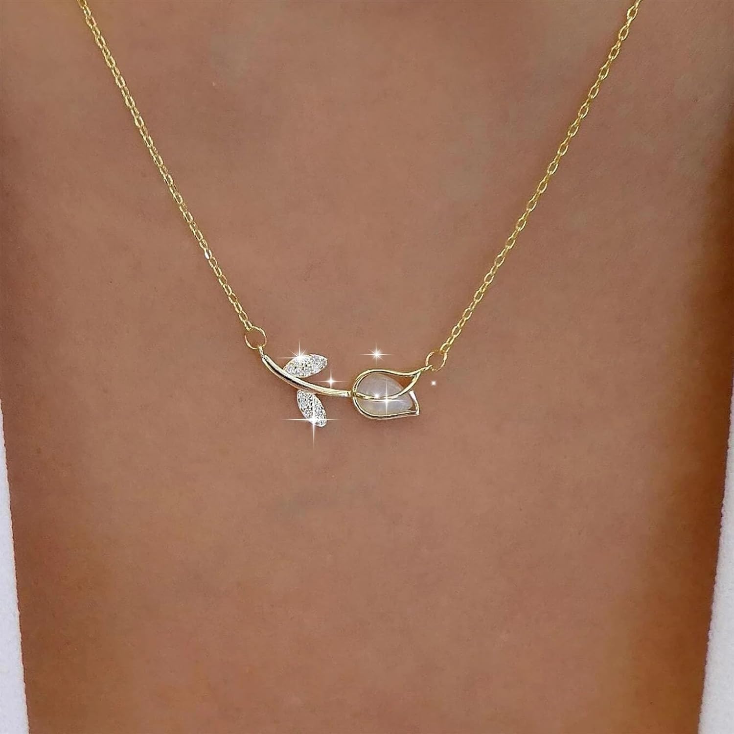 Vintage Tulip Flower Necklace With Rhinestone Pendant - Crystal Choker Gold Small Chain Jewelry for Women - Image 5