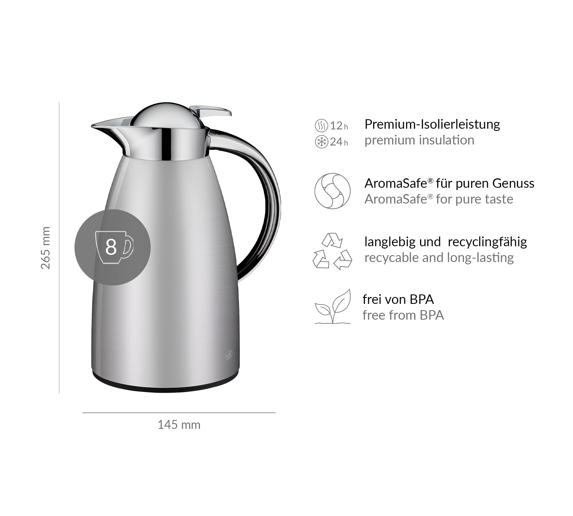 alfi SIGNO 1,0 l, pichet isotherme en acier inoxydable avec insert en verre trempé hygiénique, bouchon à vis avec bouton poussoir confortable, poignée ergonomique, d'une seule main, idéale comme