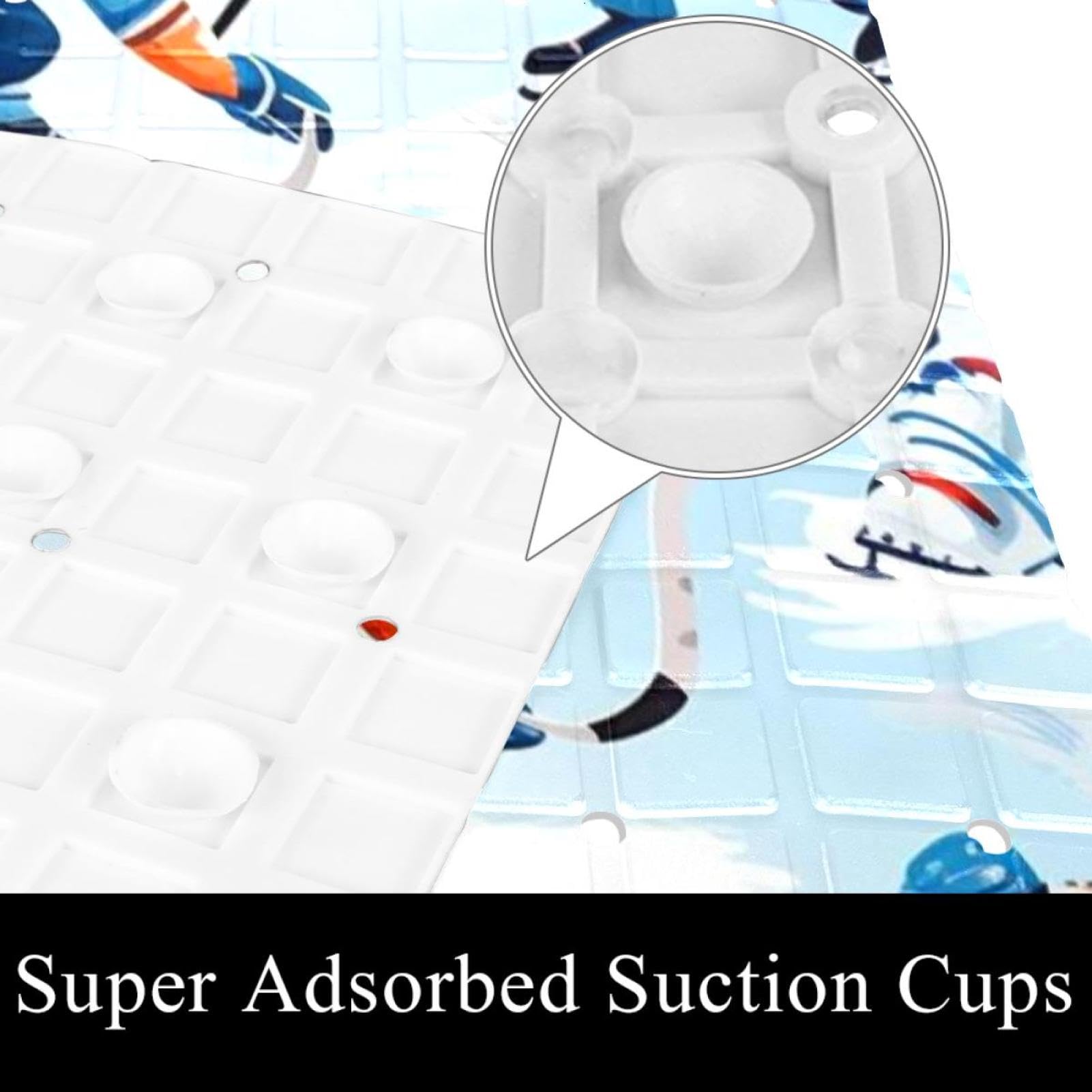 Tapis de douche antidérapant avec motif hockey sur glace comics - 38,5 x 68 cm - Tapis de douche en caoutchouc antidérapant avec trous de drainage et ventouses - Lavable en machine