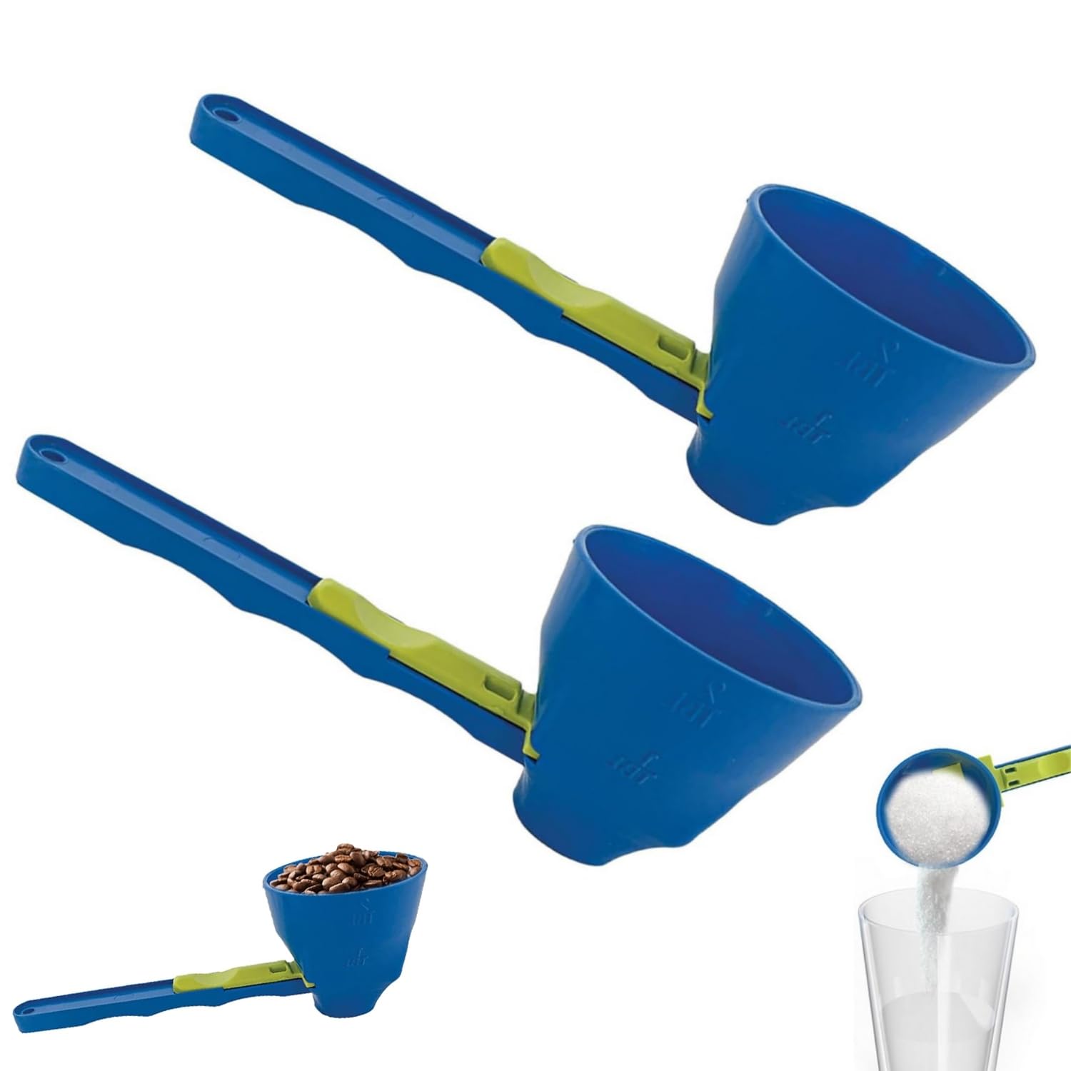 Measuring Spoon Funnel 2 in 1 Sliding Scoop Funnel, Powder Funnel Scoop for Water Bottles, Spill-Proof Funnel Scooper for Protein Coffee Powder (Blue 2PCS)