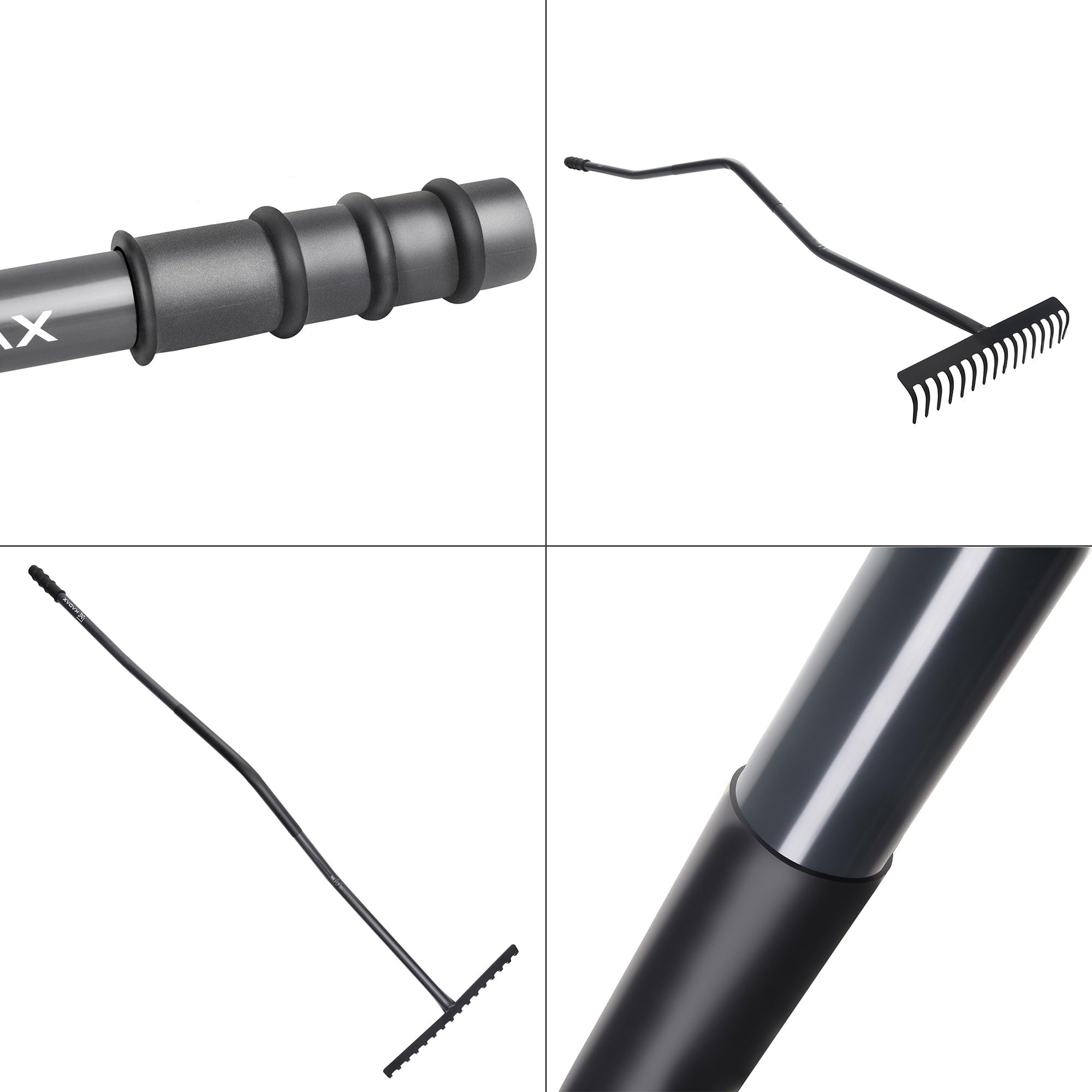 KADAX Rastrillo de jardín de metal, herramienta de jardín con cabeza de metal, rastrillo de césped para jardín, rastrillo plano para césped, rastrillo para rastrillar hojas con mango (negro y gris, 16