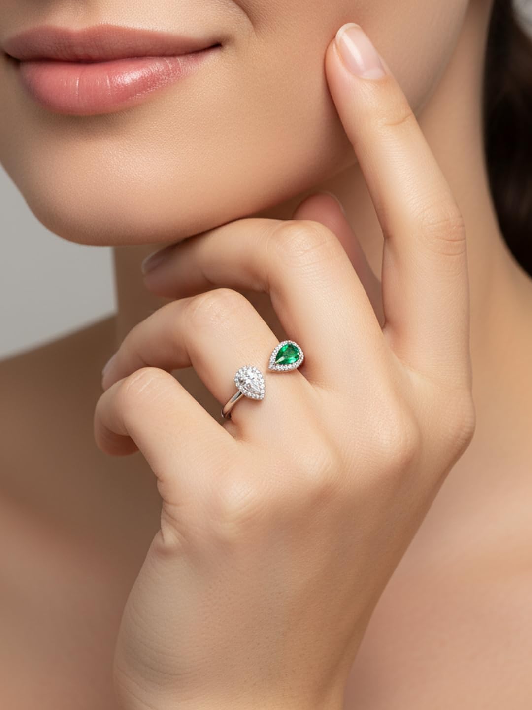 FWM Moissanite and Emerald Halo Rings for Women, Adjustable Engagement Open Ring, Solid Sterling Silver With Gold Plated, Wedding Promise Ring, Anniversary Christmas Valentines Mothers Day for Her