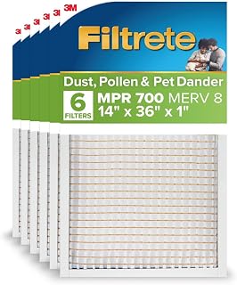 Filtrete 14x36x1 AC Furnace Air Filter, MPR 700, MERV 8, Tough on Pollen, Easy on Airflow, 3-Month Pleated 1-Inch Electrostatic Air Cleaning Filter, 6-Pack (Actual Size 13.81 x 35.81 x 0.81 in)