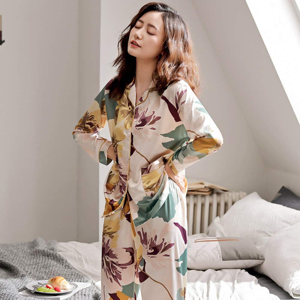 Pijama De Satén para Mujer,Primavera Otoño Mujer Pijama De Seda De Manga Larga con Bolsillos 2 Piezas Ropa De Dormir Suave Elegante Pijama con Botones Estampado De Flores