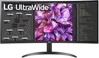 LG UltraWide PC Monitor Curved 34WQ60C, 34 Inch, 21:9 QHD 1440p, IPS Display, sRGB 99% (Typ.), HDR 10, Eye-care features, HDMI, DisplayPort, 3-Side Virtually Borderless, Ergonomic Design