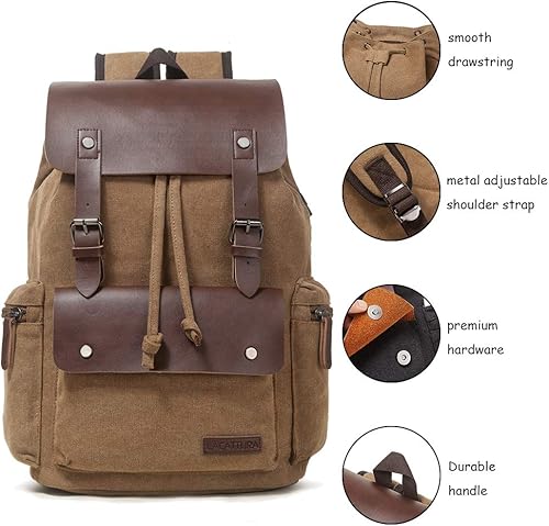Miniatura 3 de LACATTURA Mochila de cuero vintage para hombres y mujeres, mochila de lona de mezclilla para portátil