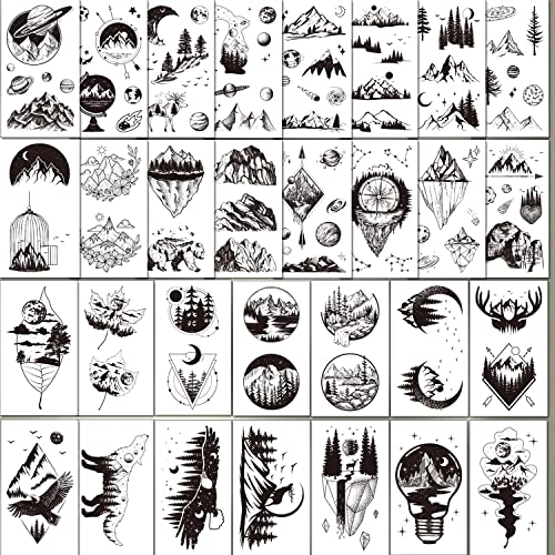 Ooopsiun 30 Sheets Small Black Mountain Planet Temporary Tattoos For Men Women - Unique Realistic Waterproof Forest Triangle Designs Body Art Tattoos For Adults #TOP1