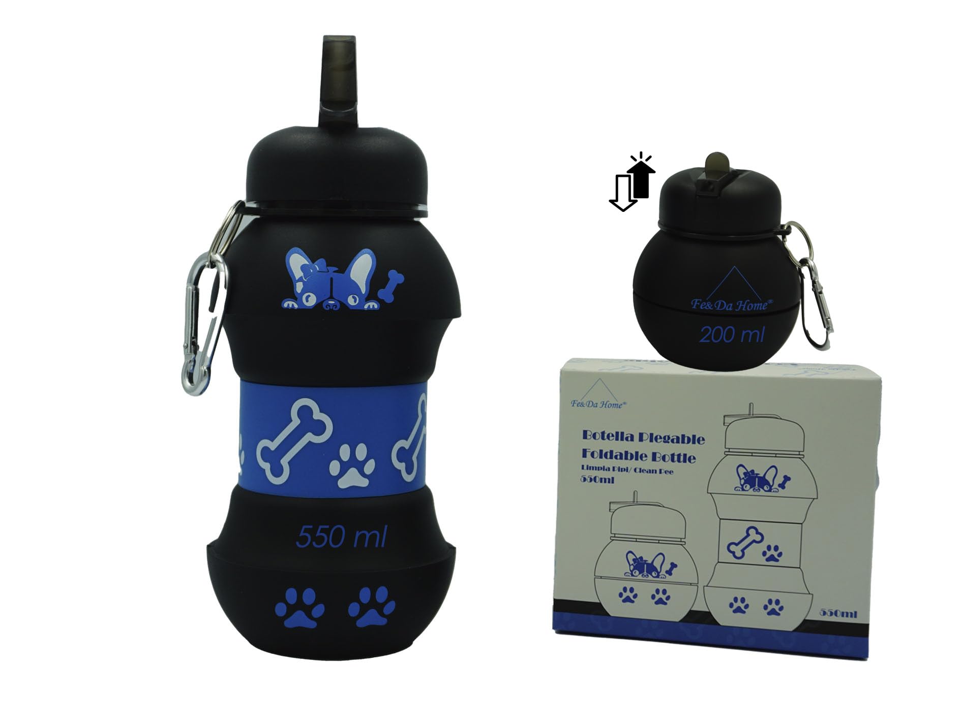 FE&DA HOME Botella Pipi Perros Silicona 550ml o 200ml- Botella Silicona tapón antigoteo-Botella Limpiar Pipi Perros Calle–Botella Agua portátil-Botella Pipi Perros-Accesorios para Perros (Negro)