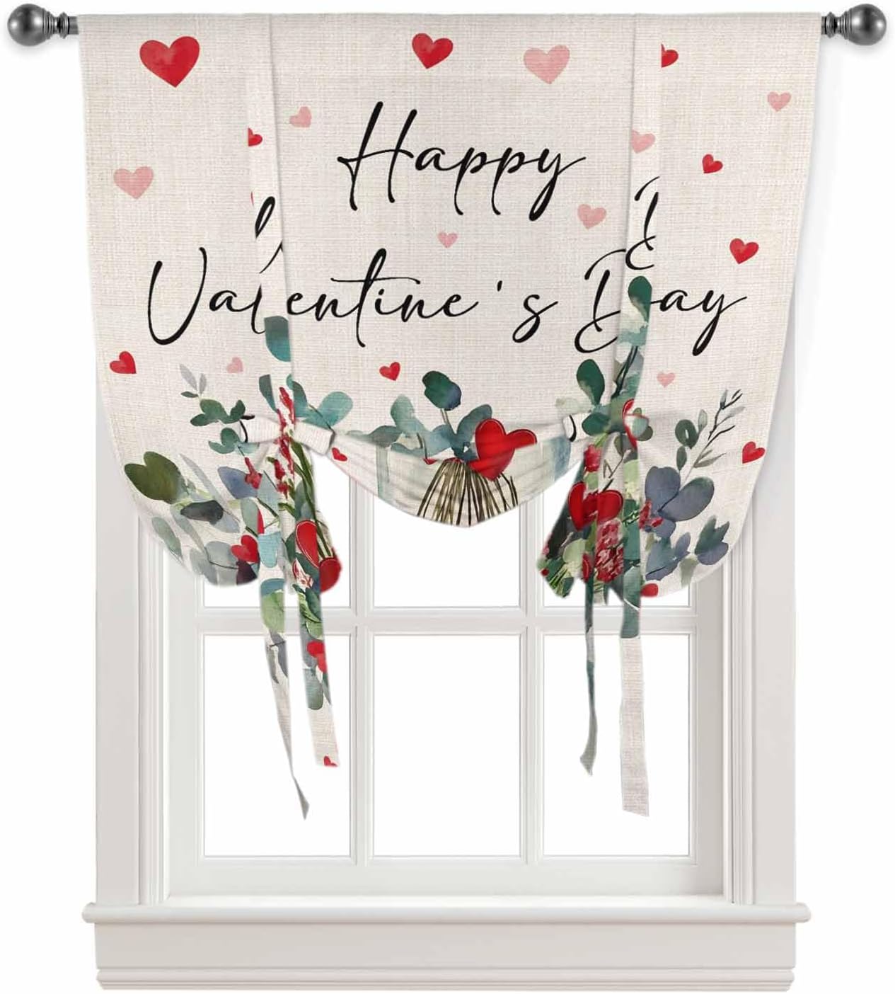 Tie Up Curtains for Windows, Valentine Love Heart Kitchen Curtain Adjustable Balloon Window Shades, Watercolor Eucalyptus Leaves Vintage Valance Curtains for Living Room/Bedroom/Cafe 52"x63"