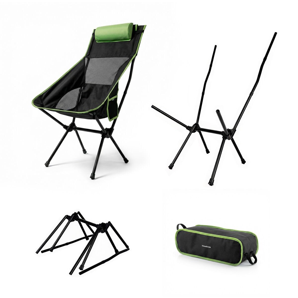 InnovaGoods - Silla Mecedora Plegable para Acampar 2 en 1, Silla Fija o con Balanceo, Respaldo Alto de Malla Transpirable, Bolsillo, Cojín Cervical, Bolsa de Transporte, Portátil, Camping, Exteriores