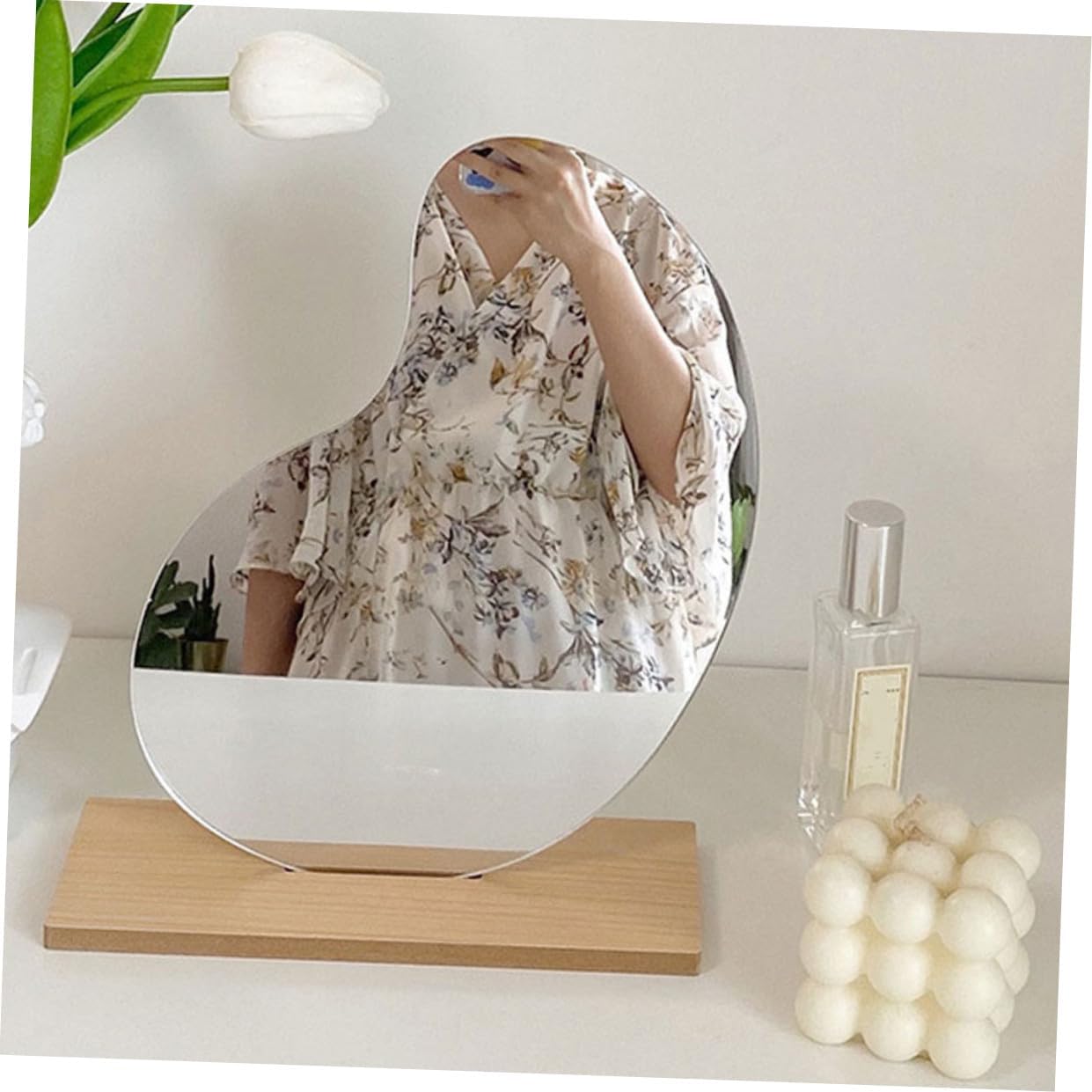 BETOOKY Wooden Irregular Desktop Makeup Mirror for Women Cosmetic Vanity Table Mirror with Stable Base Decorative Desktop Vanity for Personal Beauty and Makeup Use