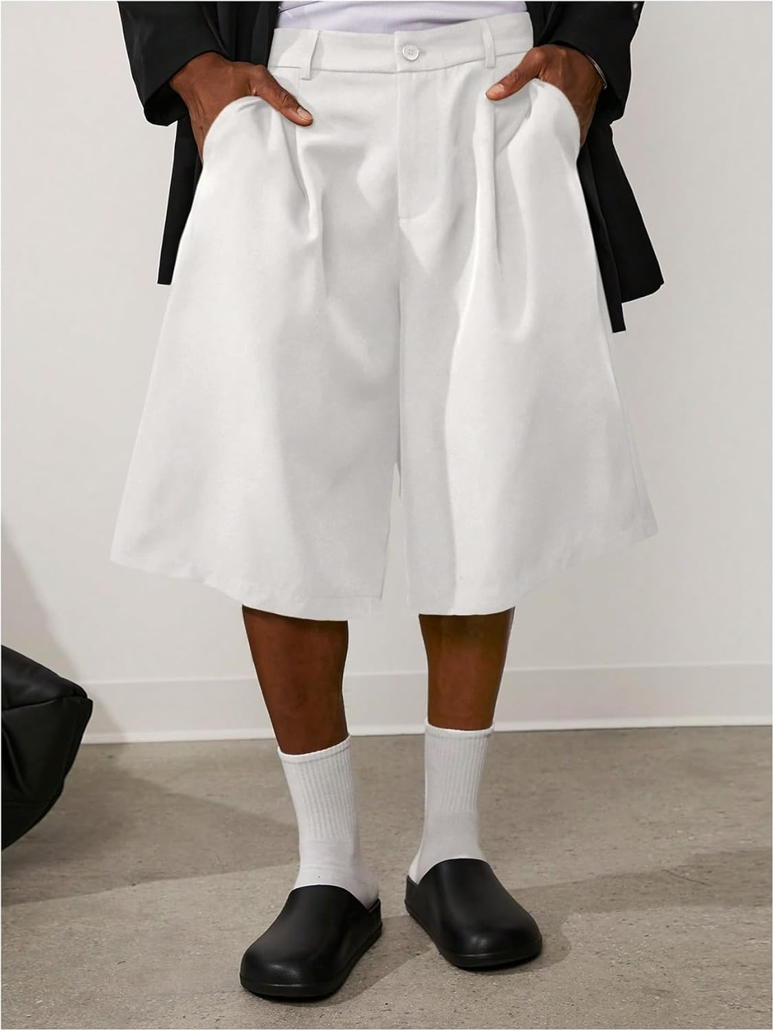 OYOANGLE Men's Pleated Crop Suit Loose Shorts Solid Straight Leg Summer Groom Casual Dress Shorts - Image 5