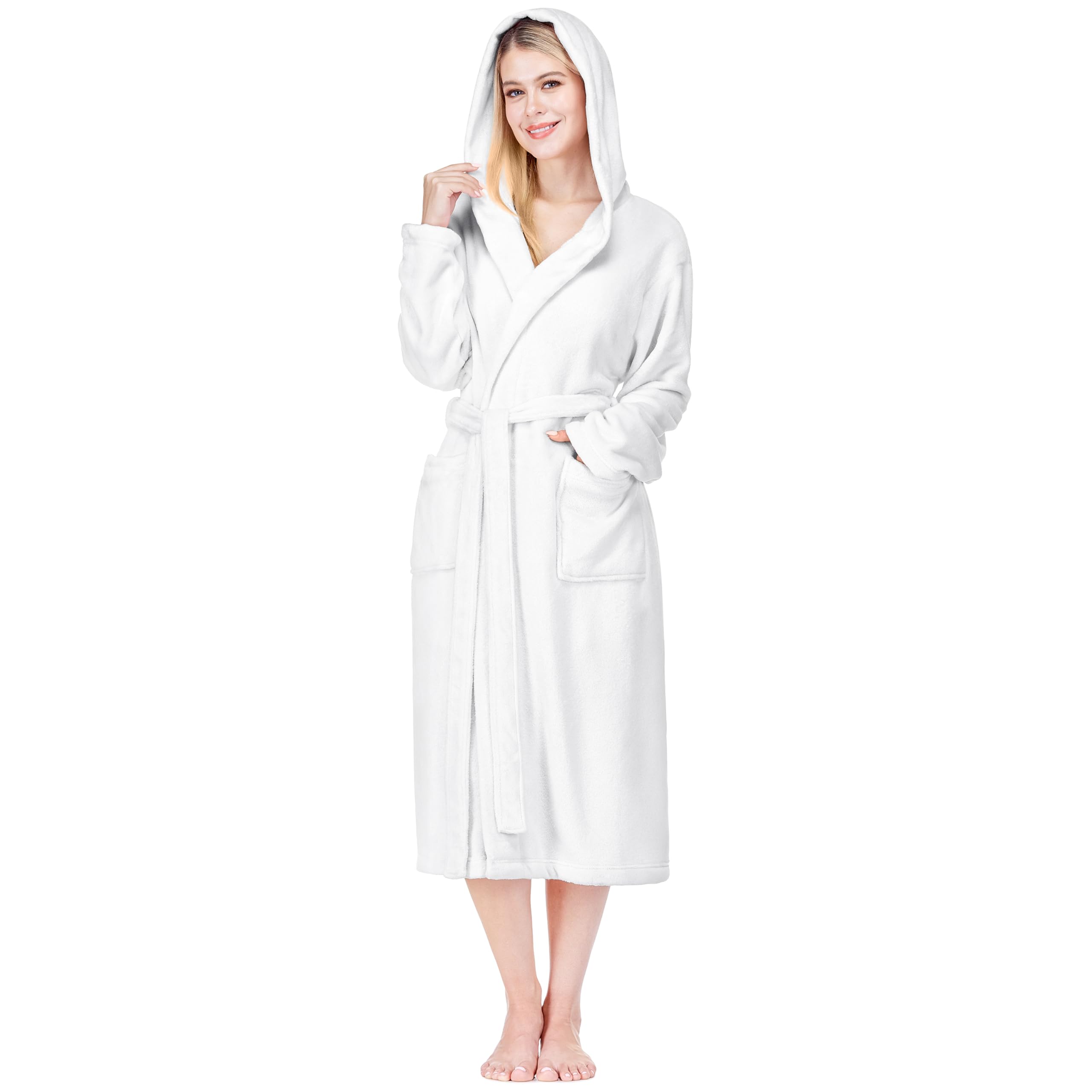 PAVILIA Women Robe with Hood, Fleece Fluffy Soft Long Hooded Robe, Plush Fuzzy Cozy Warm Bathrobe Shower Spa