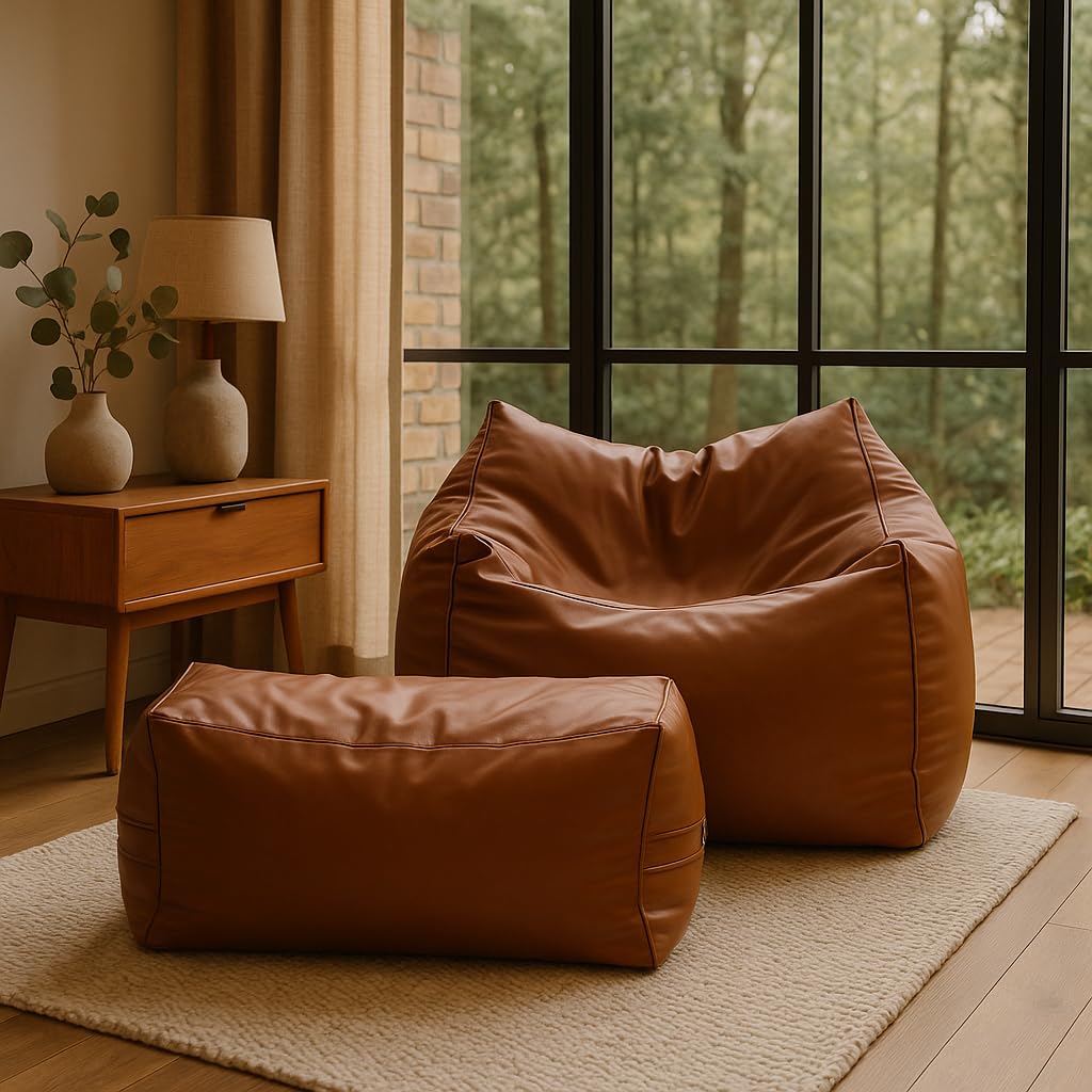 Couchette� Bean Bag Square Lounger Sofa Cover with Lounge Ottoman, XXXL Beanbags Without Beans, Tan (Without fillers) Only Cover (Faux Leather)