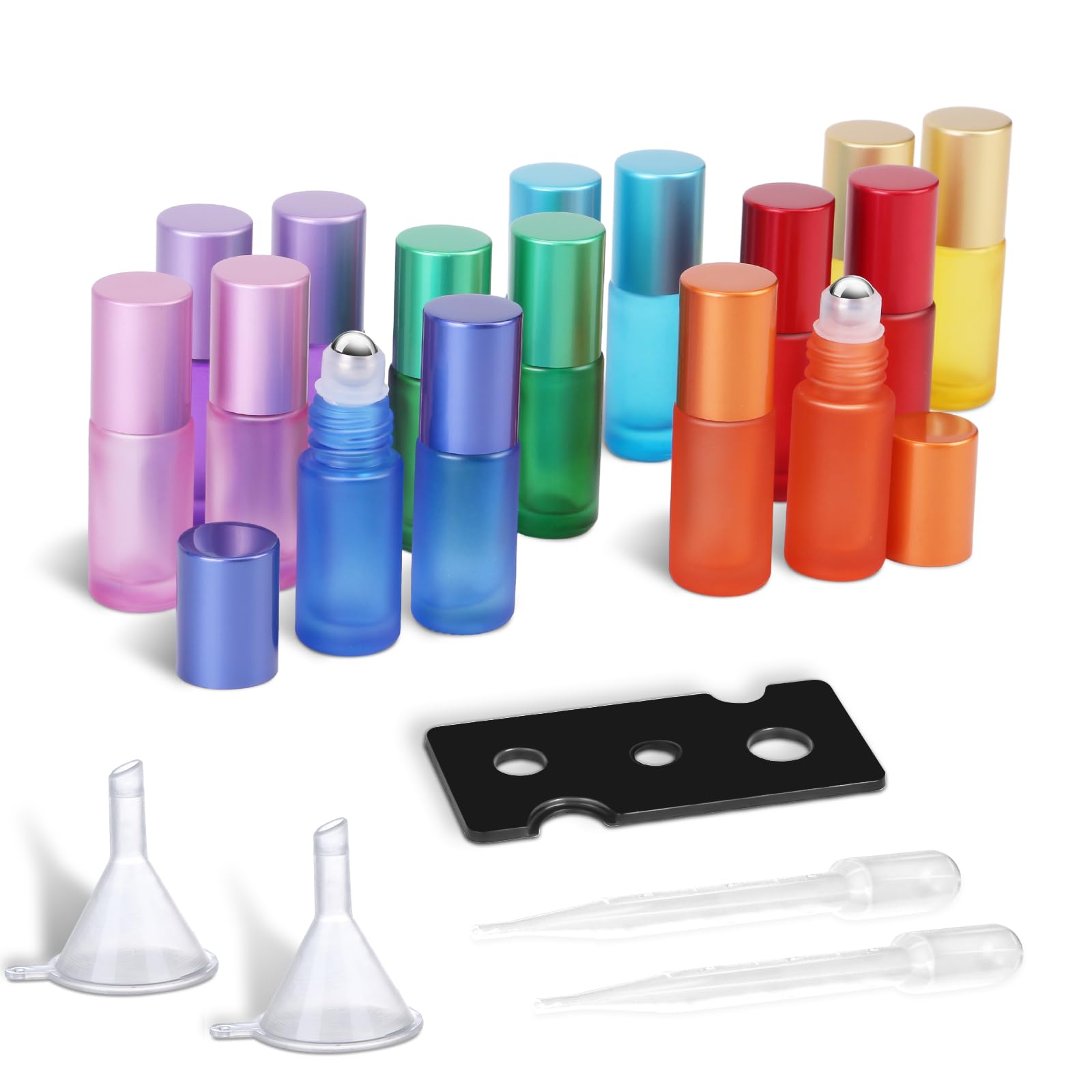 POFIBO 16 Stück 5ml Roll on Glasflaschen für ätherisches öl, Bunt Roll on Flasche Leer mit Edelstahl-roller Ball Kleine Glasroller Set für ätherische Öle, Parfüms, Aromatherap Gemische, Massage Kosmetik
