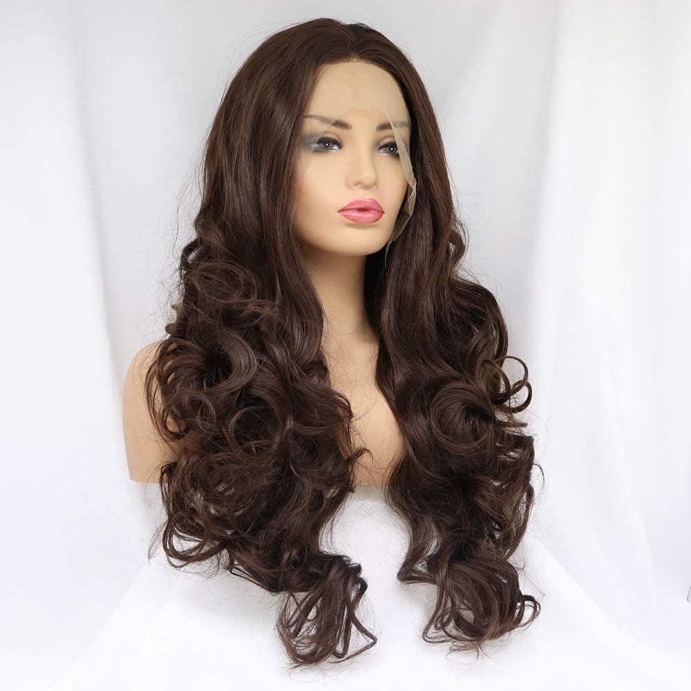 RainaHair Brown Long Body Wave Lace Front Wigs Synthetic Realistic Soft Wig Heat Resistant Daily Wear Replacement 180 Density 24 Inch
