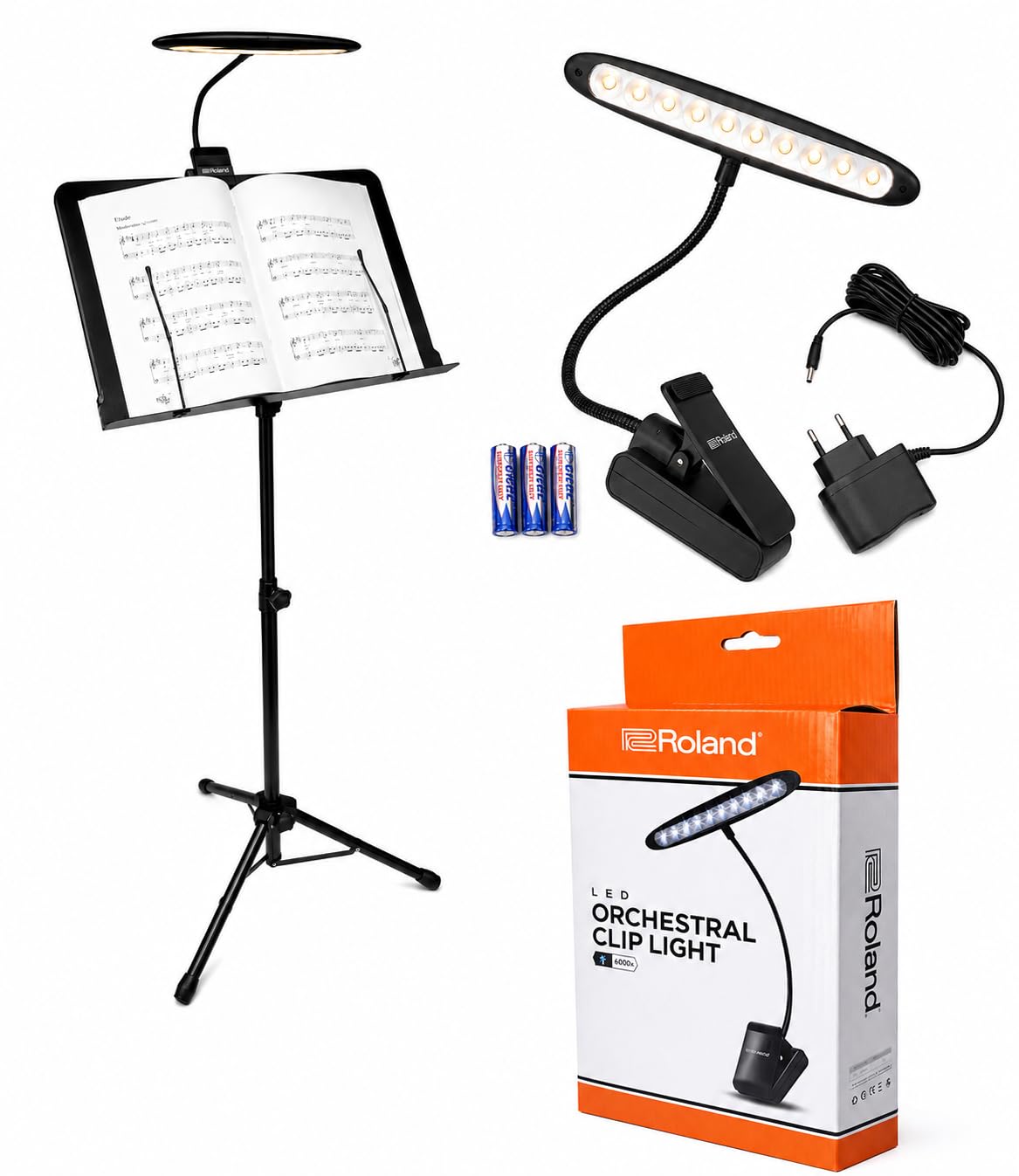 Atril Partituras Profesional Plegable MS-533L con Lampara LED Roland Incluida | Soporte Metálico Ajustable para Músicos, Orquesta | Base Trípode Antideslizante + Clip Light USB