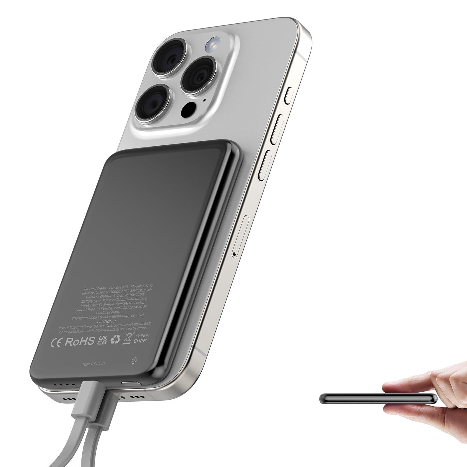 Magsafe Power Bank 5000mAh, Caricatore Portatile Magnetico, Slim PD 20W Ricarica Rapida Wireless PowerBank, USB-C Battery Pack cavo di Ricarica con Cordino per iPhone 16/15/14/13/12/Pro/Pro/Max