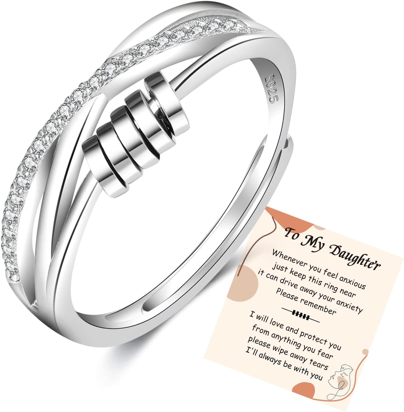 Anxiety Ring for Women 925 Sterling Silver Fidget Ring With Cubic Zircon Adjustable Stress Spinner Anxiety Ring for Women