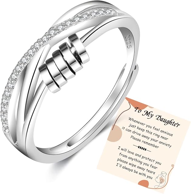 PABBEU To My Daughter Fidget Ring Sterling Silver Anxiety Ring Adjustable Fidget Ring Stress Spinner Rings with Beads Cubic Zircon Anxiety Ring for Daughter Women Girls