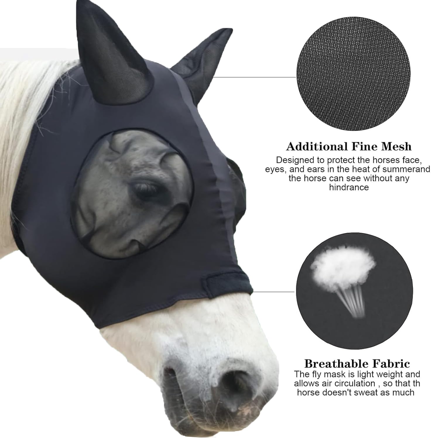 Máscara Anti-Moscas Protección con Orejas, Elasticidad Máscara de Mosca, Máscara Anti Moscas para Caballo, Excelente Comodidad con Protección UV, Máscara Estándar para Caballos