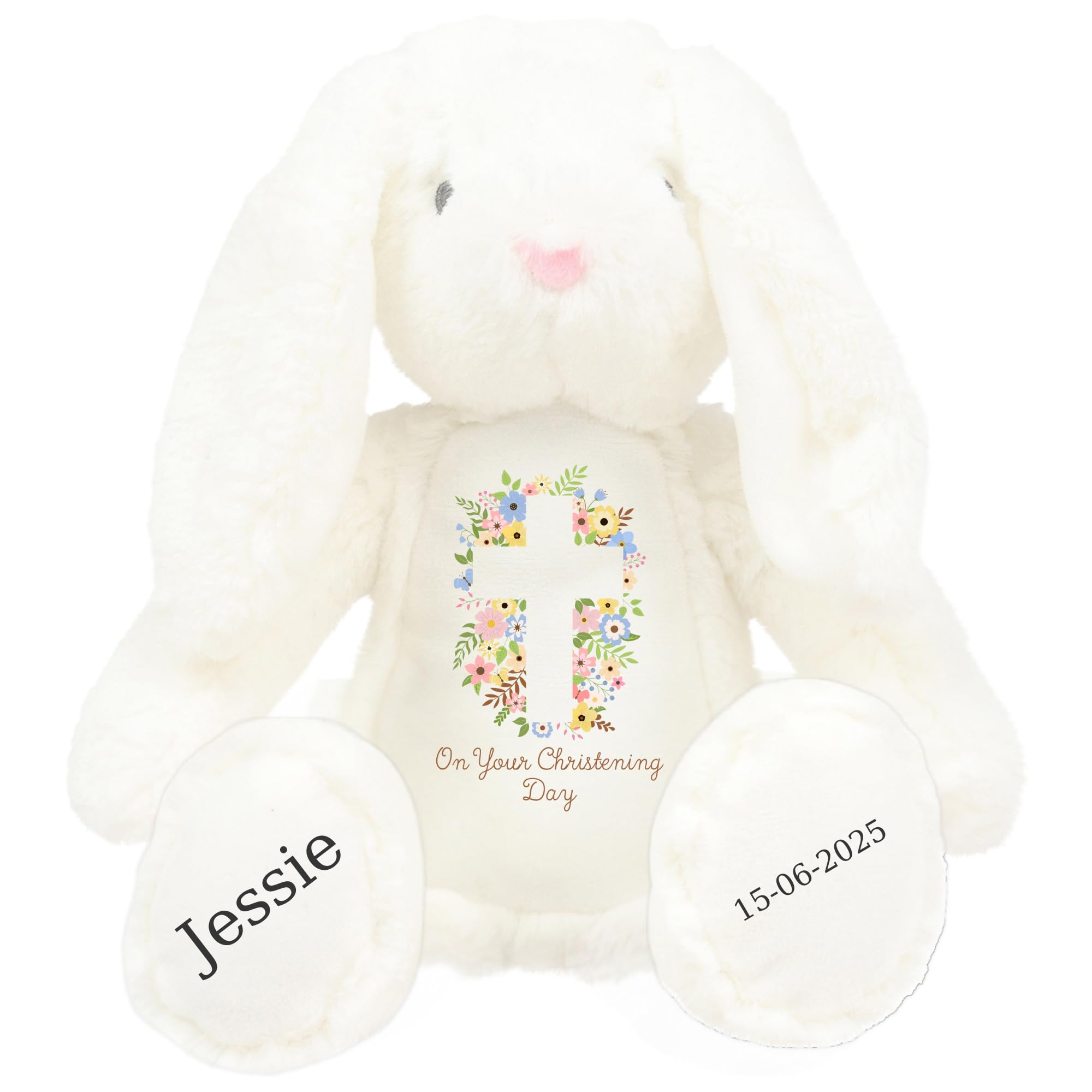 HotScamp Personalised Christening Bunny with Name - Flowers Cross On your Christening Day Soft Toy for Baby, Toddler, Kids, Child, Babies Baptism Church Spring Time - Pink Letter White Bunny โ image 1