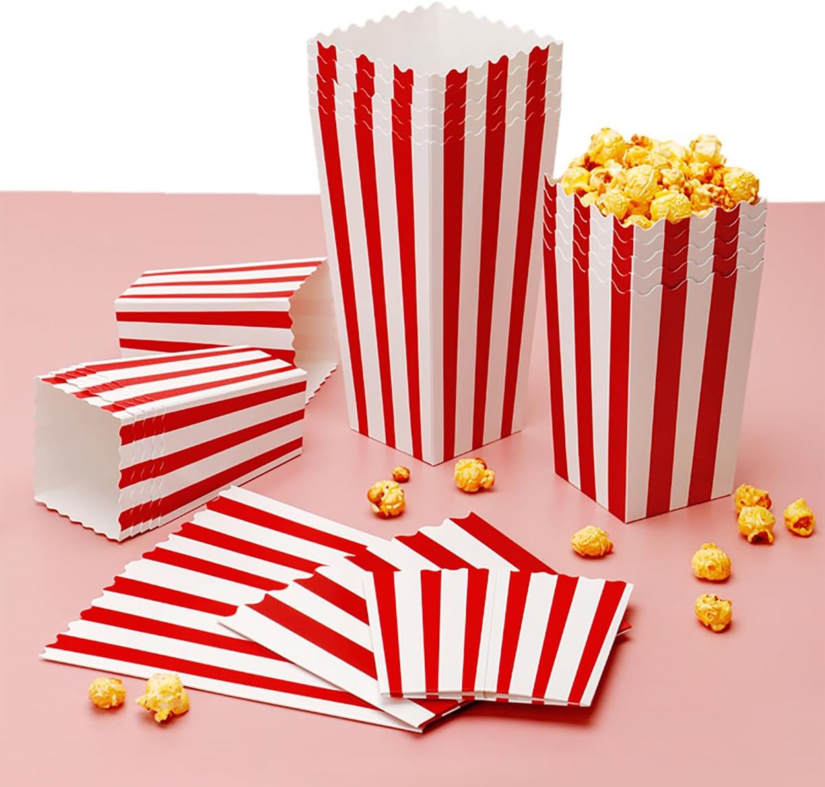 28Pcs Popcorn Boxes - Mini Paper Popcorn Box, White and Red Stripes Pop Corn Snack Container for Movie Night Carnival Party Supplies (Classic Red)