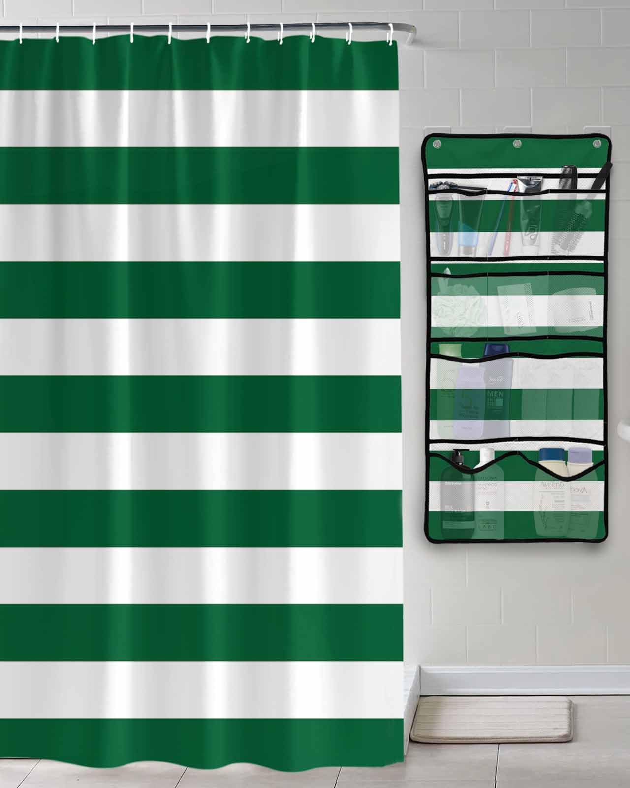 Shower Curtain Mesh Shower Organizer Hanging Set Christmas Green and White Stripe Waterproof Shower Curtains with 10 Pockets