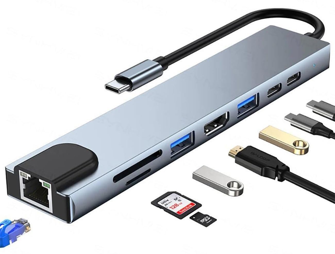 Coverzone 8 in 1 Type C to 2 Port USB 3.0 2 SD Kart TF Kart HDMI RJ45 2PD Kablolu Adaptör iphone 15 Serisi Uyumlu Type C Girişli Android Cihazlara Uyumlu ZR38