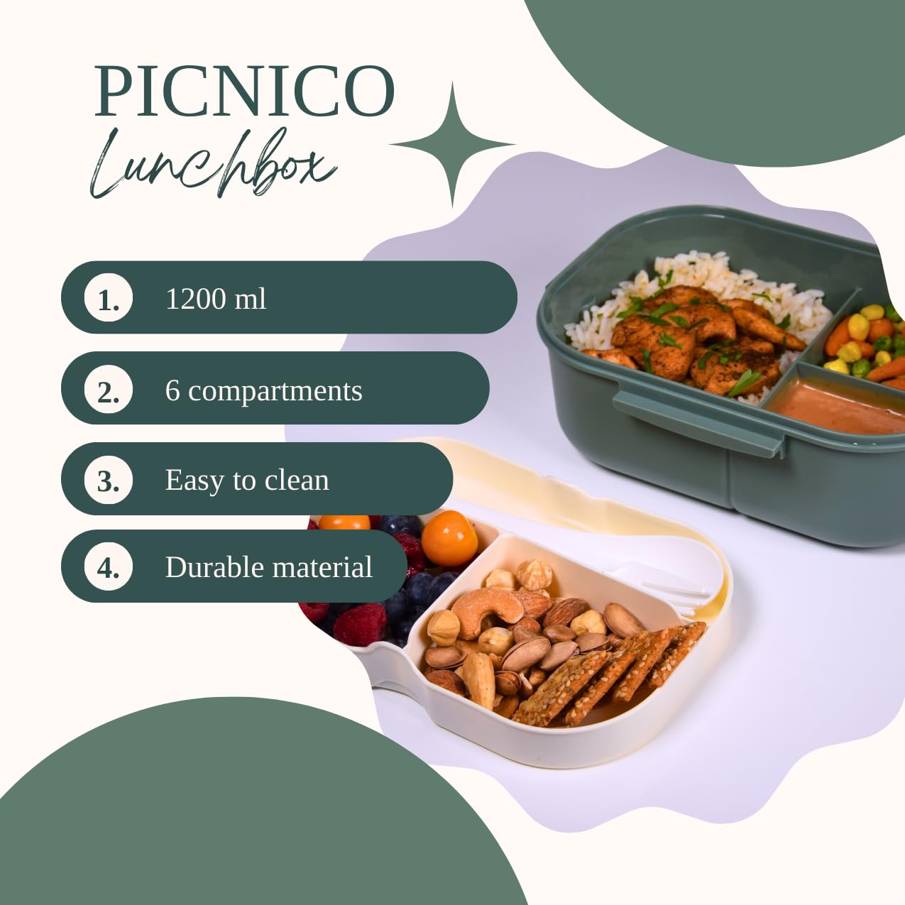 Portapranzo Bento Box 1200 Ml - 2 Livelli Con 3 Scomparti, A Prova Di Perdite, Per Adulti E Bambini - Foto 8