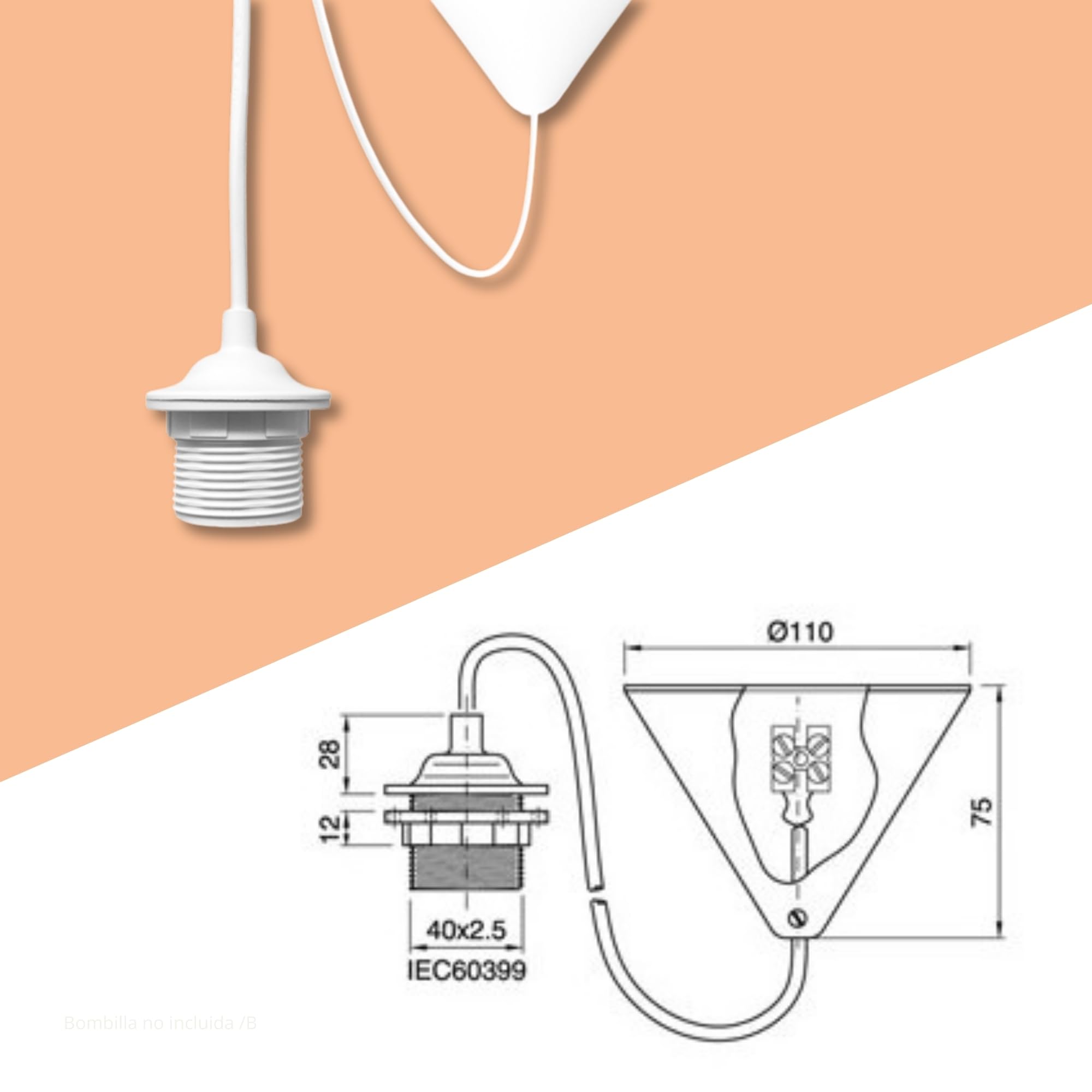 Lámpara Colgante Decorativa Blanca con Florón Cónico de Plástico | Cable PVC 80 cm Flexible | Portalámparas E27 con Camisa Roscada, Tope y Arandela | Ideal para Sala, Comedor, Dormitorio.
