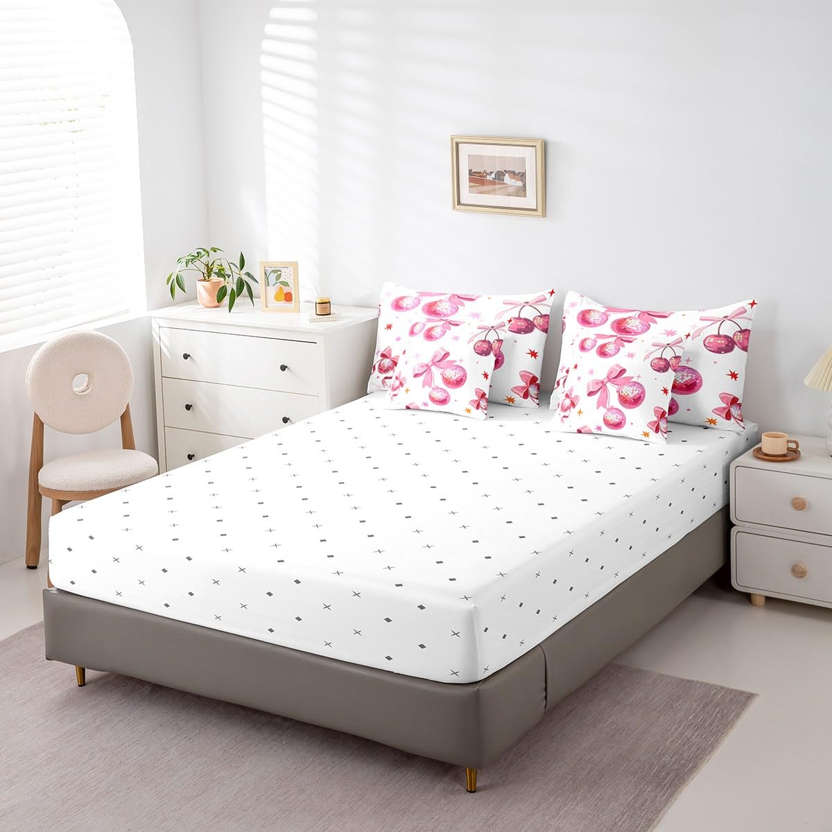 Juego de edredón de 7 piezas con música pop de los años 70 y 80, juego de cama rosa con bola de discoteca cereza, ropa de cama estilo princesa con lazo femenino en una bolsa, tamaño Queen (1 edredón,