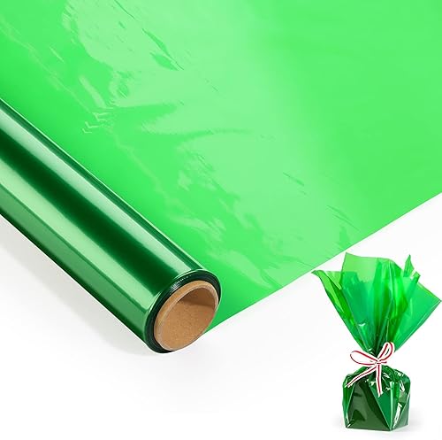 Rollo de celofán verde de 220 pies (220 pies de largo x 17 pulgadas de ancho x 0.091 in de grosor) – Rollo de celofán transparente verde para