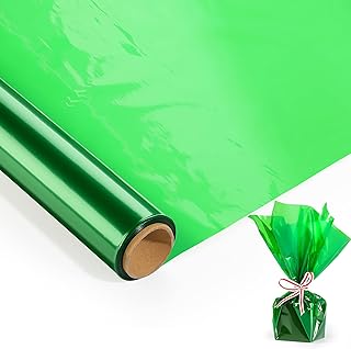 グリーンセロファンラップロール 長さ220フィート x 幅17インチ x 厚さ2.3ミル - ギフトバスケットラップ用グリーン透明セロファンロール - 装飾、トリート、クリスマスツリーラッピング用プラスチックラップ