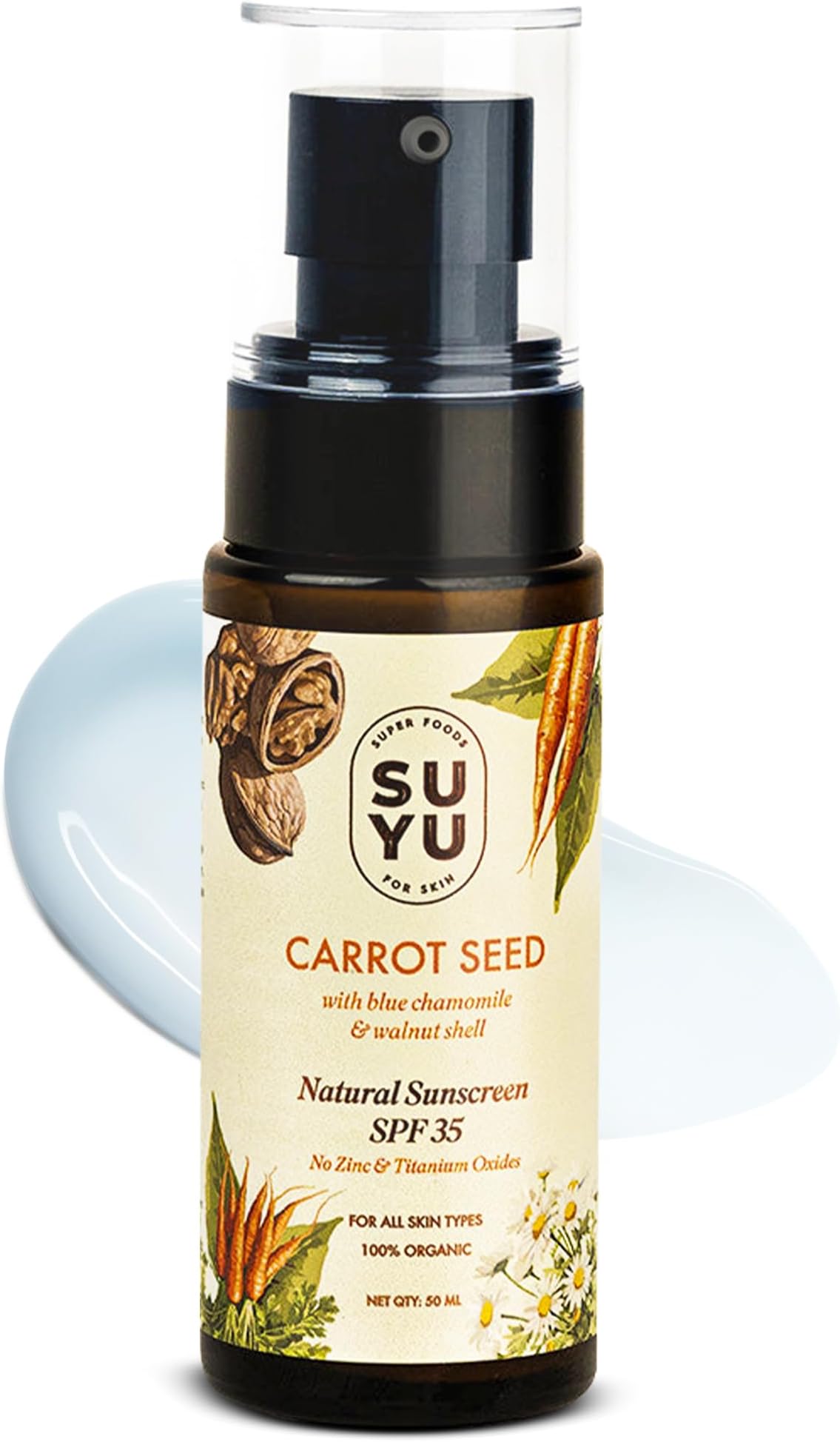 SUYU Natural Suncreen SPF 35 | Lightweight, Non Sticky & No White Cast | Sunscreen For Oily,Dry and All Skin Type | Organic Carrot Seeds,Blue Chamomile To Enhance Glow | Sunscreen For Women & Men-50ml
