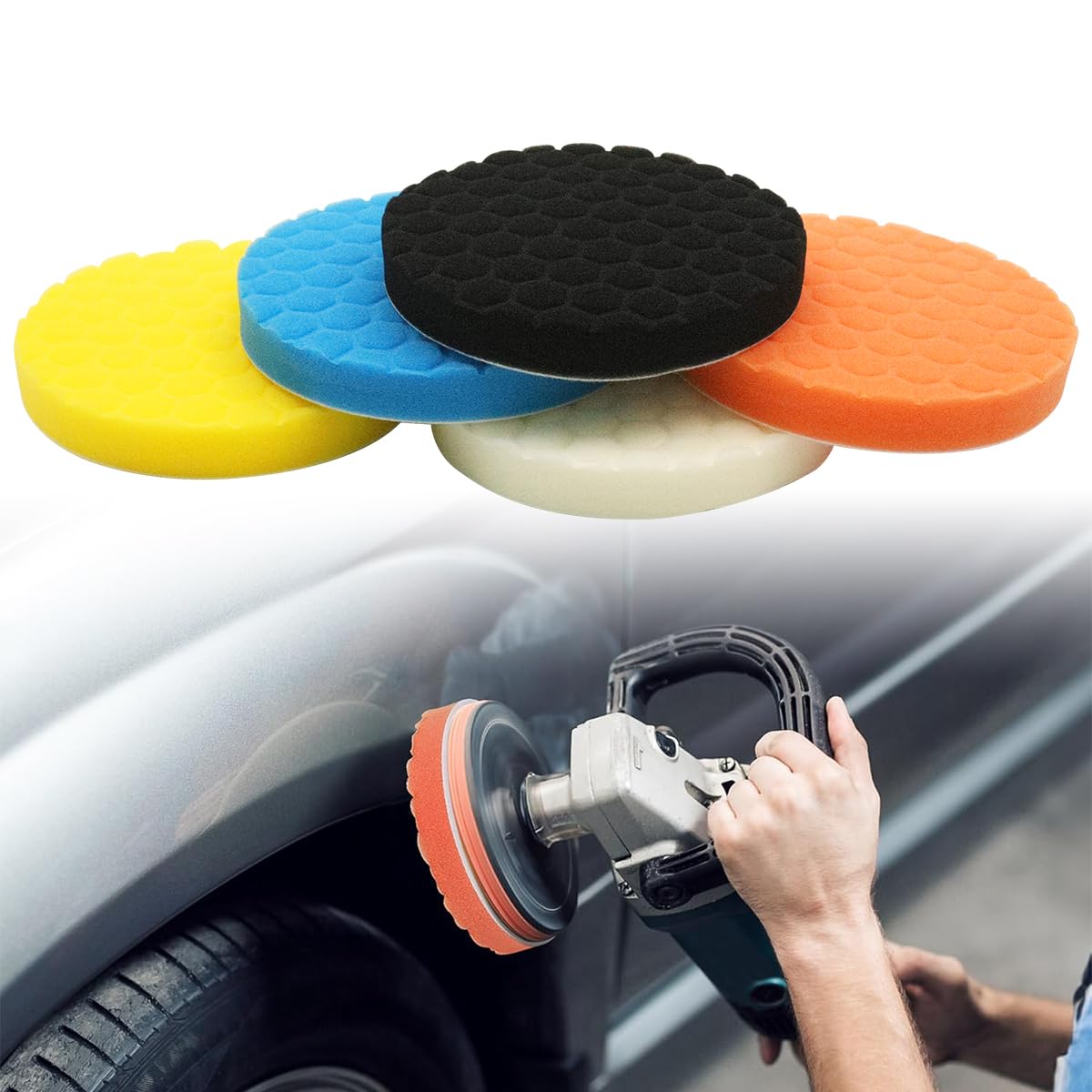 STHIRA® 5pcs 6 Inch Waffle Grid Buffing Pads for Backing Plates, Colorful Car Polish Sponge Durable Sponge Polish Pads for Car, Bike, Furniture, Detailing, Waxing, Finishing, DIY & Professional Use-image-23