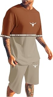 Mens 2 Piece Outfits Short Sleeve Western Graphic Colorblock Crewneck T-Shirt and Elastic Waist Shorts Set Vintage S-4XL