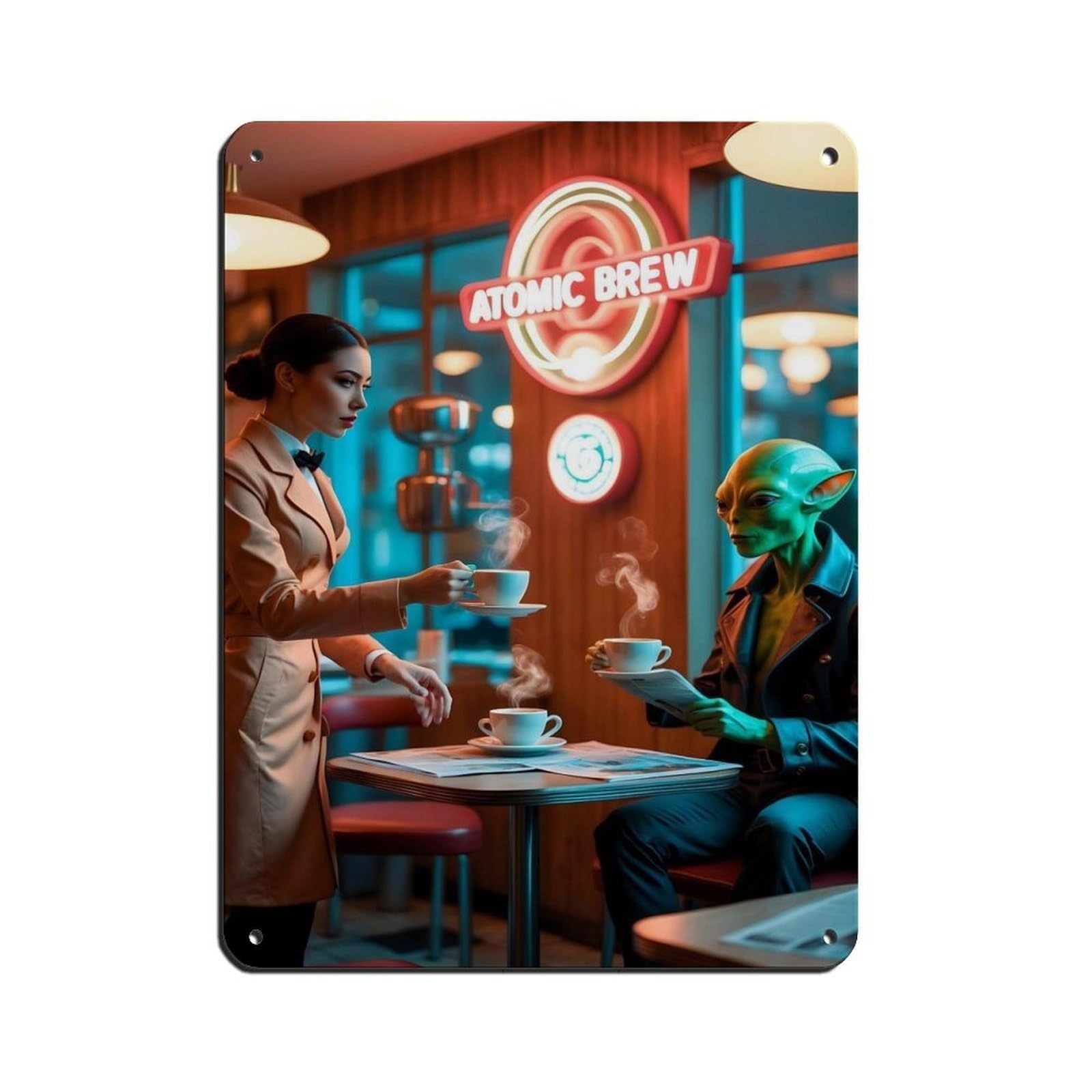 Retro Diner, Alien Cafe Scene Retro Poster Metal Tin Sign Chic Art Retro Iron Painting Bar People Cave Cafe Family Garage Poster Wall Decoration 12x16inch(30x40cm)