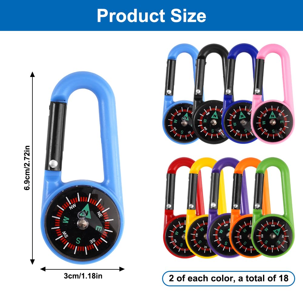 18 Pezzi Moschettoni per Bussola Piccola Bussola, 9 Colori Portachiavi Bussol per Bambini, Mini Bussol Colorata con Moschettone per Avventura all'Aperto, Sopravvivenza, Campeggio e Viaggio