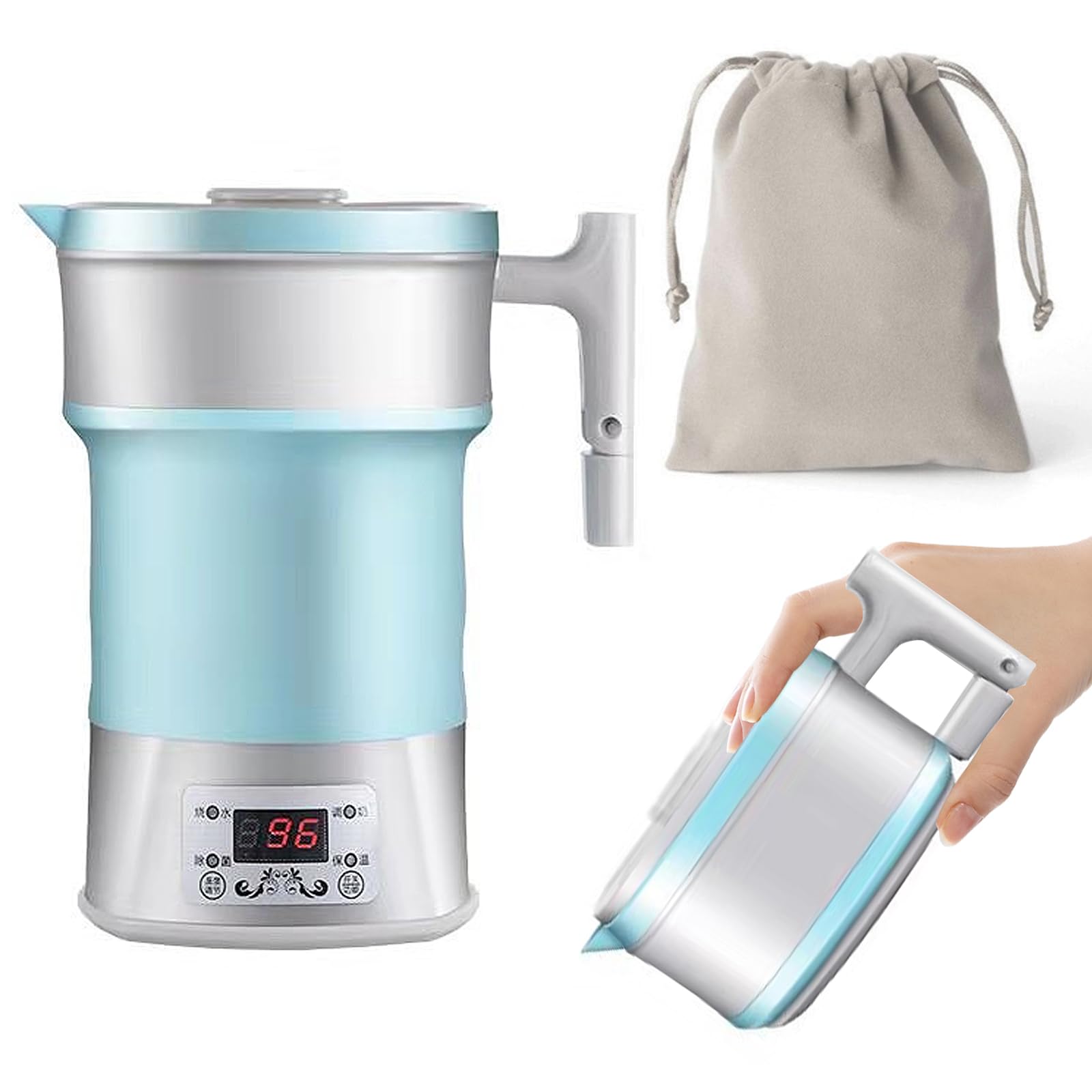 Bouilloire Électrique Pliable,800ML Bouilloire Électrique Voyage en Silicone,800W Bouilloire de Camping Intelligente avec Panneau Multifonctionnel,Base en Acier Inoxydable 304,Chauffage Rapide (Bleu)