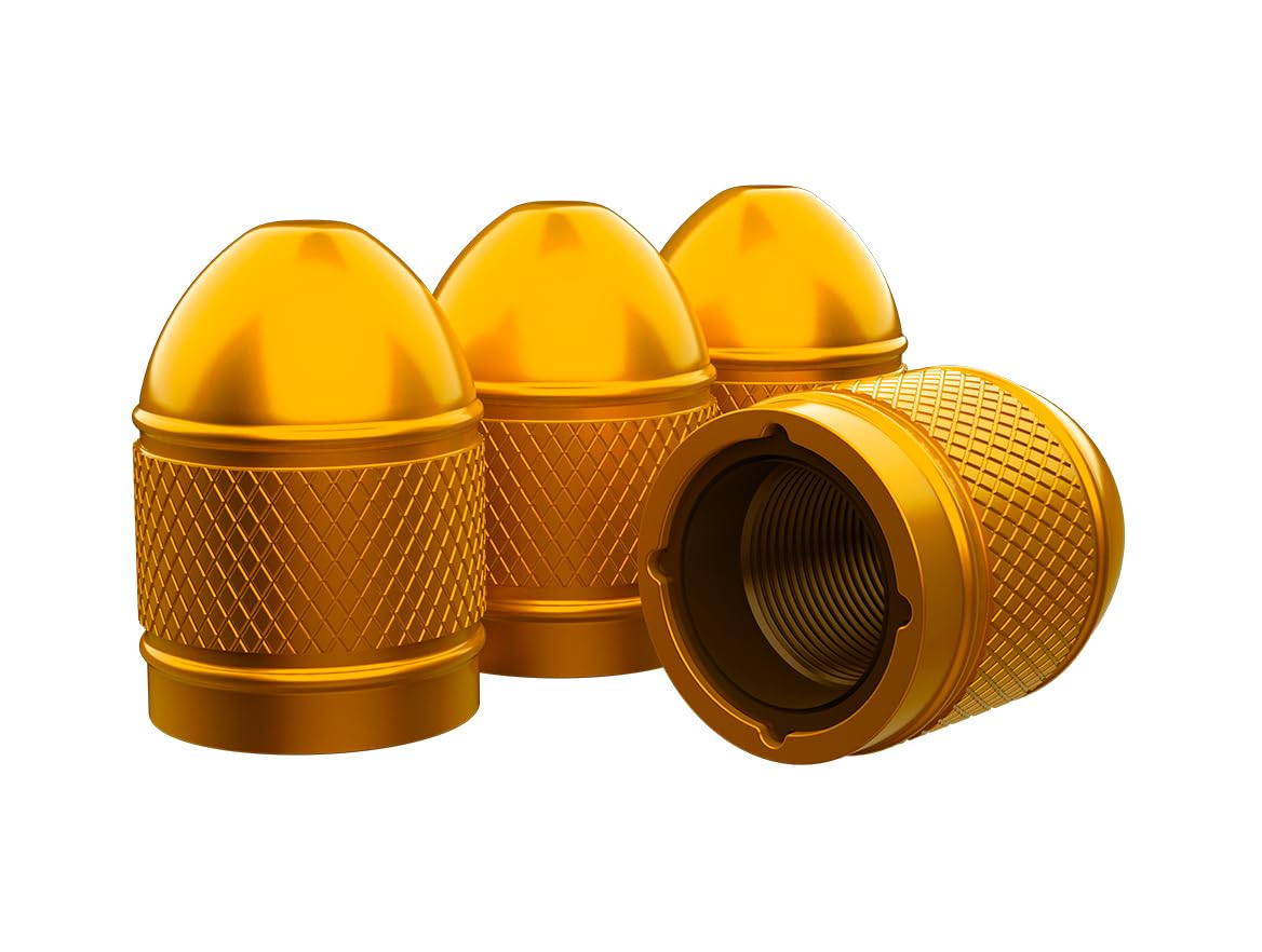 MarCraft Bullet Corrosion Resistant (Gold) Aluminium Tyre Wheel Alloy Valve Caps Dust Caps (4 Pack) Universal for Cars, SUVs, Bicycles, Motorcycles, Trucks | Plastic Insert | Screw-On