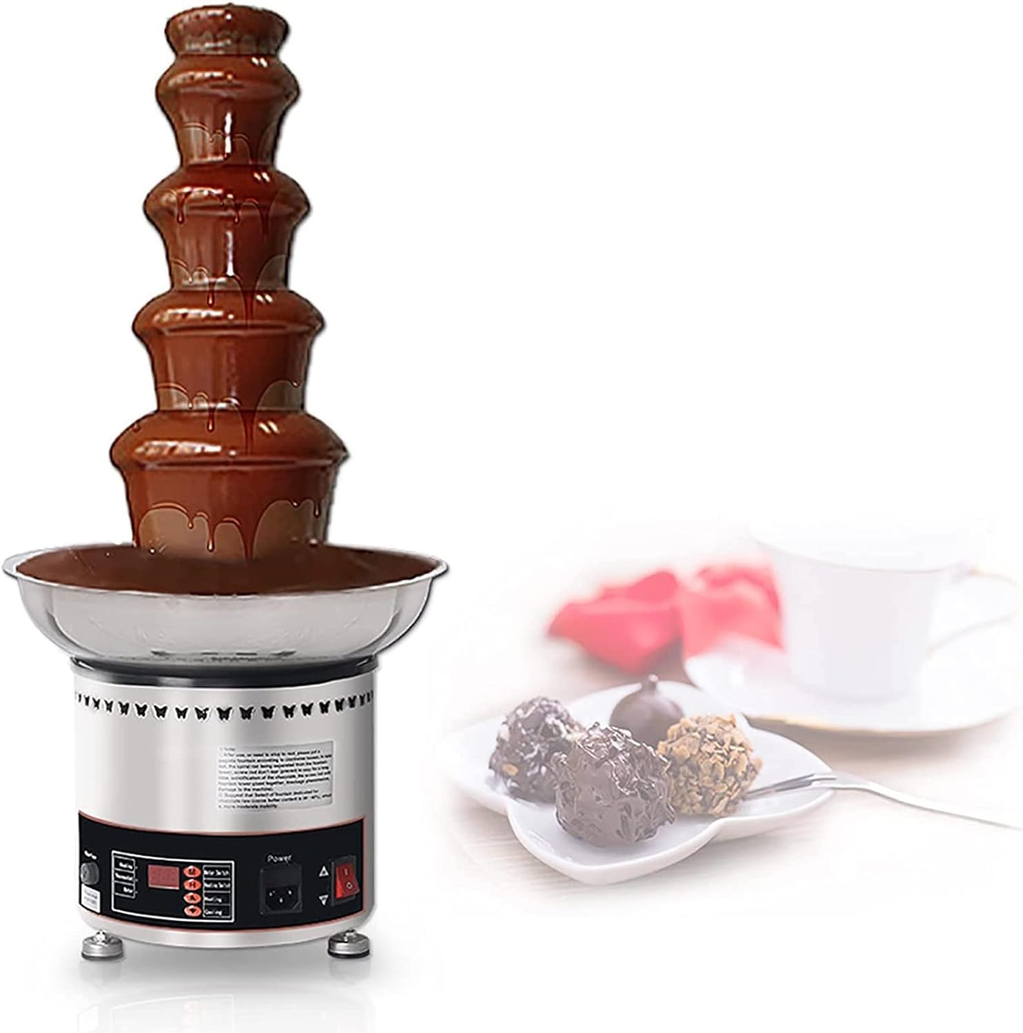 Fondue Fondue z czekoladą, 5-poziomowa fontanna czekoladowa ze stali nierdzewnej, cyfrowy wyświetlacz komercyjna elektryczna fontanna czekoladowa, pojemność 4 kg, łatwa w montażu, na przyjęcie weselne